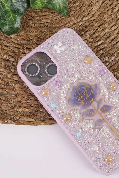 Lila TeknoCase İPhone 13 Uyumlu Afra Diamond Case Serisi Lens Hediyeli Premium Sert Silikon Telefon Kılıfı 430505