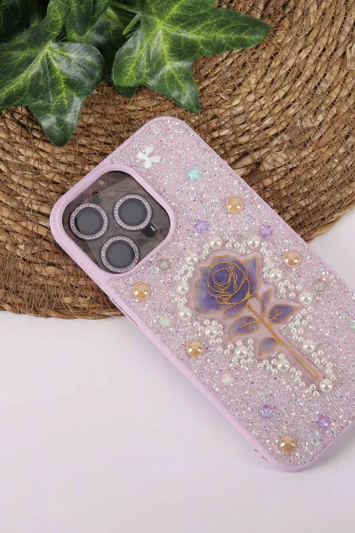 Lila TeknoCase İPhone 14 Pro Max Uyumlu Afra Diamond Case Serisi Lens Hediyeli Premium Sert Silikon Telefon Kılıfı 430520