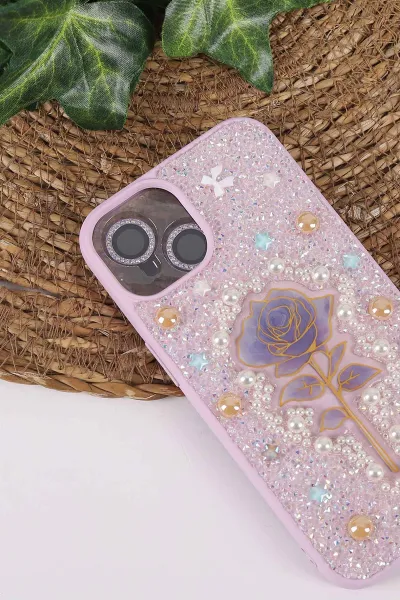 Lila TeknoCase İPhone 14 Uyumlu Afra Diamond Case Serisi Lens Hediyeli Premium Sert Silikon Telefon Kılıfı 430510
