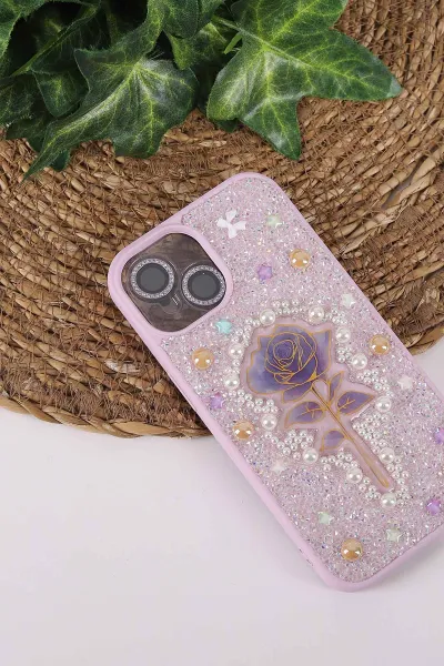 Lila TeknoCase İPhone 15 Uyumlu Afra Diamond Case Serisi Lens Hediyeli Premium Sert Silikon Telefon Kılıfı 430526