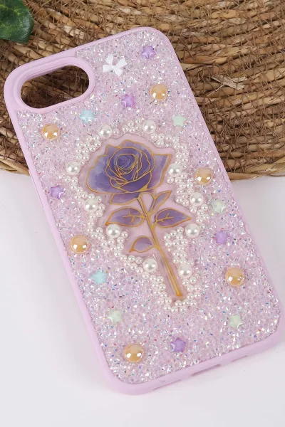 Lila TeknoCase İPhone 16E Uyumlu Afra Diamond Case Serisi Lens Hediyeli Premium Sert Silikon Telefon Kılıfı 430557
