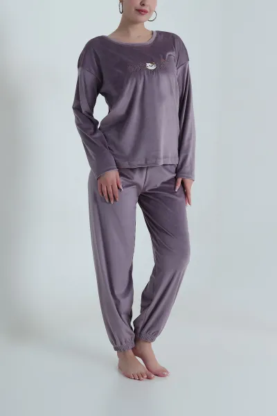 Lila Uzun Kollu Kadife Kadın Pijama Takımı 487755