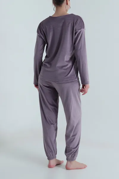 Lila Uzun Kollu Kadife Kadın Pijama Takımı 487755