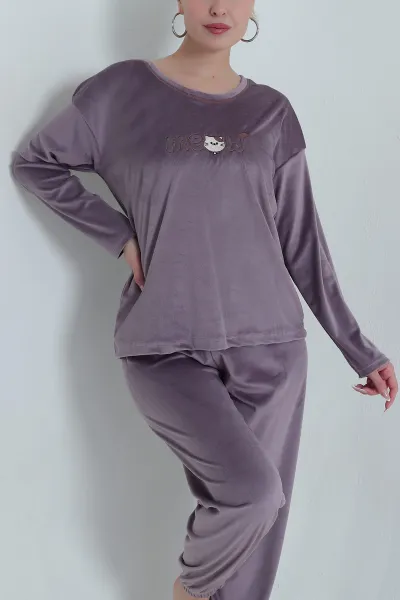 Lila Uzun Kollu Kadife Kadın Pijama Takımı 487755