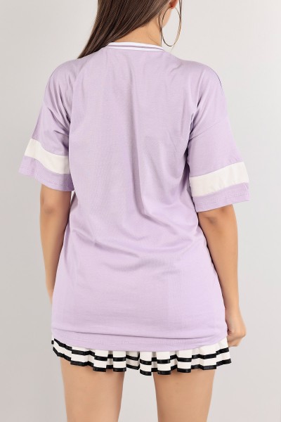 Lila Yaka Ribanalı Oversize Bayan Tişört 121788