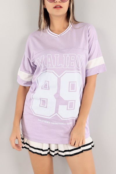Lila Yaka Ribanalı Oversize Bayan Tişört 121788