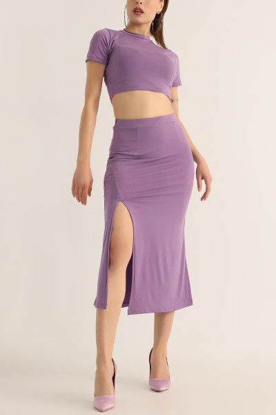 Lila Yırtmaçlı Etek Bluz Sendy İkili Takım 174575