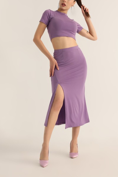 Lila Yırtmaçlı Etek Bluz Sendy İkili Takım 174575