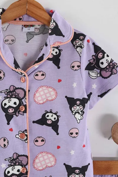 Lila(4-12 Yaş)Karakter  Baskılı Kısa Kol Ön Düğmeli Göz Bandı Detaylı Kız Çocuk Pijama Takım 453243