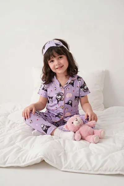 Lila(4-12 Yaş)Karakter  Baskılı Kısa Kol Ön Düğmeli Göz Bandı Detaylı Kız Çocuk Pijama Takım 453243