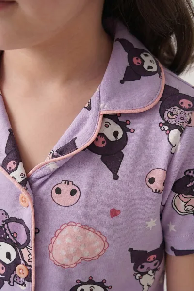 Lila(4-12 Yaş)Karakter  Baskılı Kısa Kol Ön Düğmeli Göz Bandı Detaylı Kız Çocuk Pijama Takım 453243