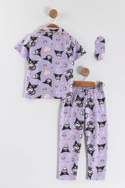 Lila(4-12 Yaş)Karakter  Baskılı Kısa Kol Ön Düğmeli Göz Bandı Detaylı Kız Çocuk Pijama Takım 453243