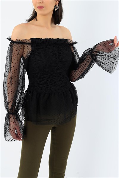 Madonna Yaka Siyah Gipeli Tül Tasarım Bluz 32195