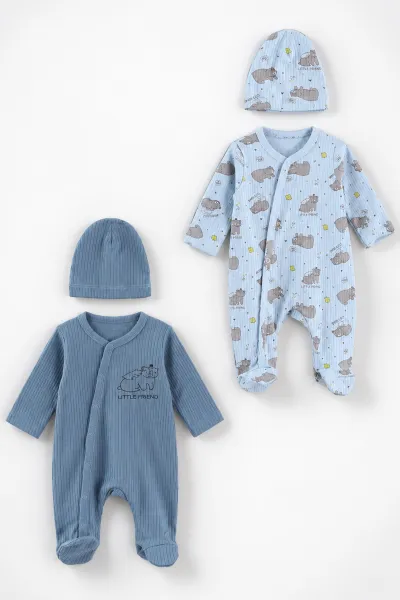 Mavi (0-3 Ay) Little Friend Baskılı Raporlu ve Patikli  2'li Erkek Bebek Tulum 486911