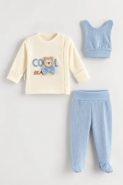Mavi (0-3 Ay)Süzene Cool Nakışlı  Patikli ve Şapkalı Erkek Bebek 3'lü Takım 477129