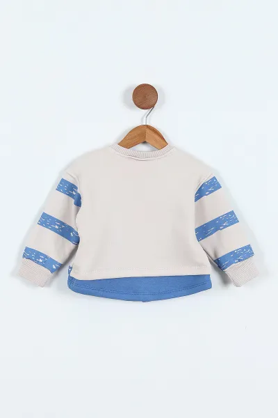 Mavi (0-4 Yaş) Çizgili Hayvan Baskılı 3 İp Şardonlu Erkek Çocuk Sweatshirt 417553