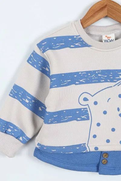 Mavi (0-4 Yaş) Çizgili Hayvan Baskılı 3 İp Şardonlu Erkek Çocuk Sweatshirt 417553