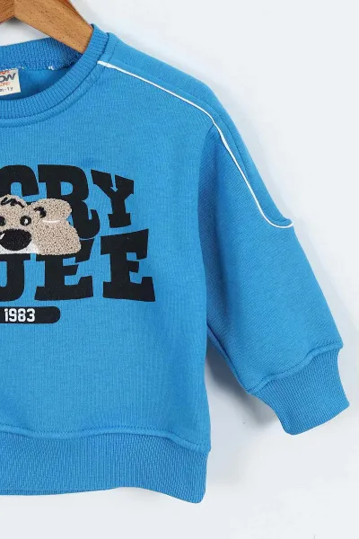 Mavi (0-4 Yaş)Gujje Baskılı Biye Detaylı  3  İp Şardonlu Erkek Çocuk Sweatshirt 417566