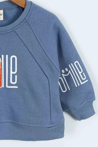Mavi (0-4 Yaş)Smile Baskılı Dikiş Detaylı  3  İp Şardonlu Erkek Çocuk Sweatshirt 417560