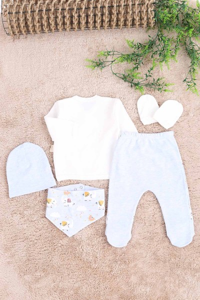 Mavi (0-6 Ay) Fil Nakışlı 5 Li Erkek Bebe Takım 171995