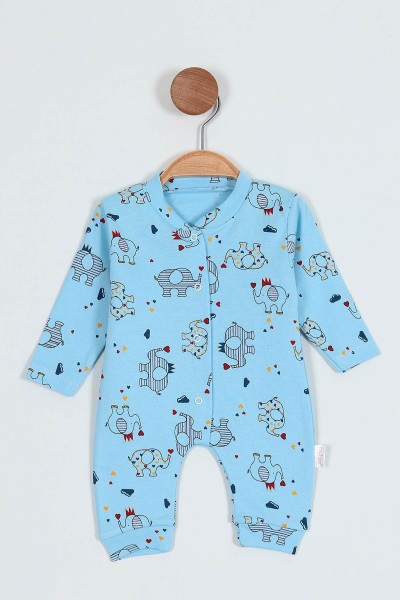 Mavi (0-9 Ay) Kalpli Fil Baskılı Çıtçıtlı Kız Bebe Tulum 203363