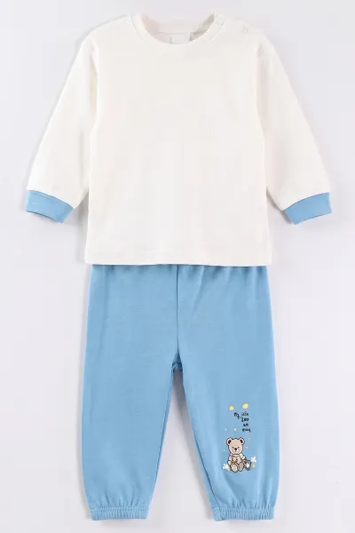 Mavi (1-2 Yaş) Uçak Baskılı Çıtçıtlı Hırka Kapüşonlu Erkek Bebek  3'lü Takım 480076