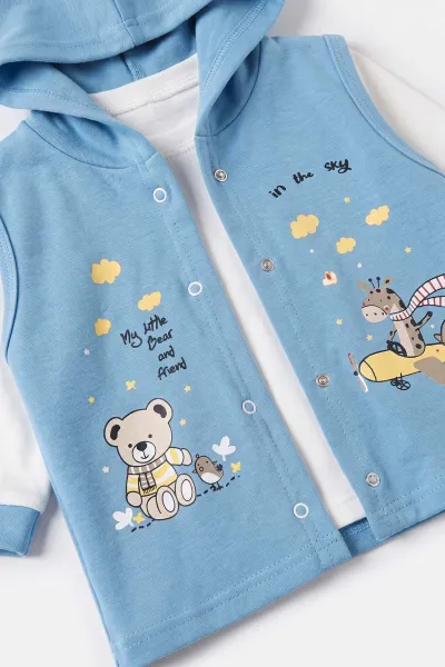 Mavi (1-2 Yaş) Uçak Baskılı Çıtçıtlı Hırka Kapüşonlu Erkek Bebek  3'lü Takım 480076