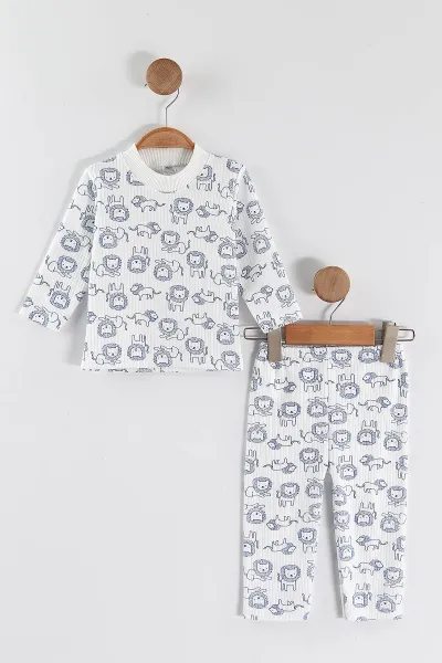 Mavi (1-3 Yaş) Aslan Desenli Raporlu Çocuk Pijama Takım 459404