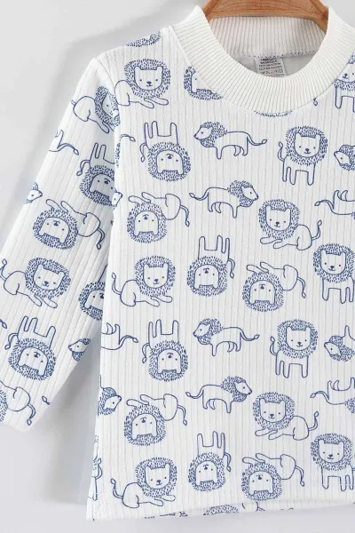 Mavi (1-3 Yaş) Aslan Desenli Raporlu Çocuk Pijama Takım 459404