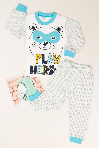 Mavi (1-3 Yaş) Ayı Baskılı Erkek Çocuk Pijama  Takımı 82749