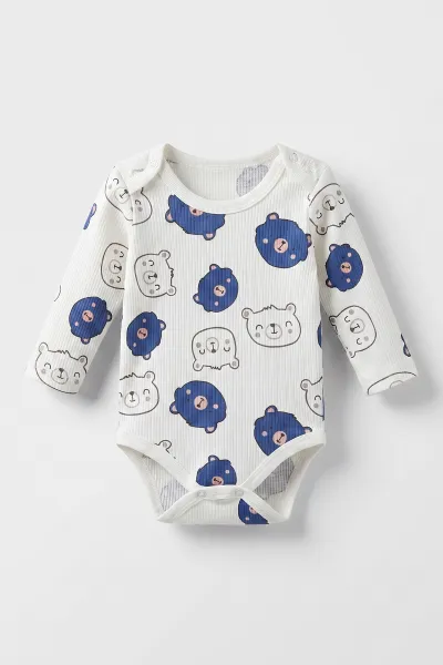 Mavi (1-3 Yaş) Ayıcık  Kafası Baskılı   Uzun Kollu  Erkek Bebek & Çocuk Çıtçıtlı Badi 480322