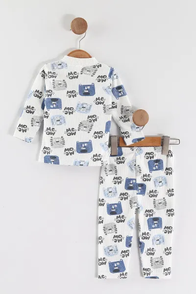 Mavi (1-3 Yaş) Kedi Desenli Raporlu Çocuk Pijama Takım 463012