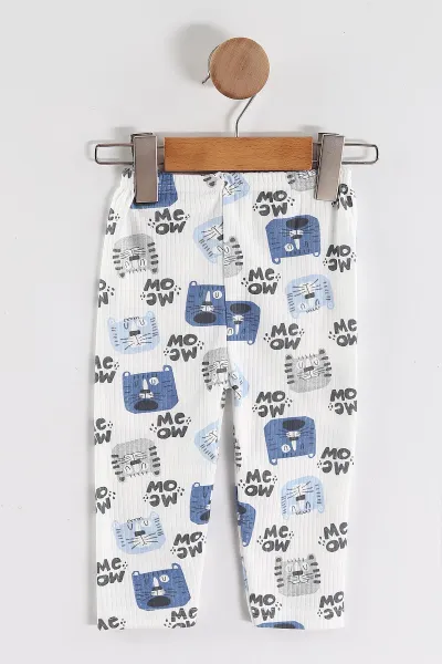 Mavi (1-3 Yaş) Kedi Desenli Raporlu Çocuk Pijama Takım 463012