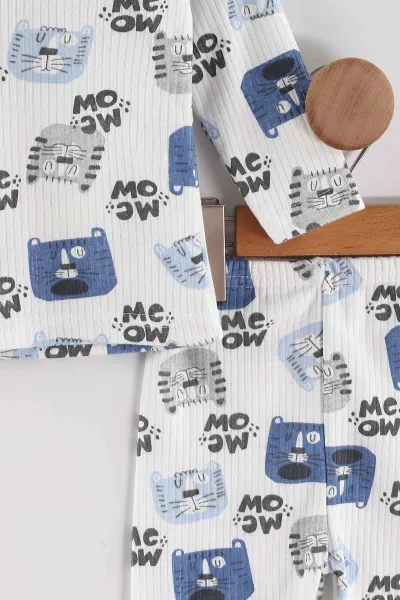 Mavi (1-3 Yaş) Kedi Desenli Raporlu Çocuk Pijama Takım 463012