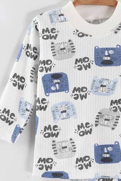 Mavi (1-3 Yaş) Kedi Desenli Raporlu Çocuk Pijama Takım 463012
