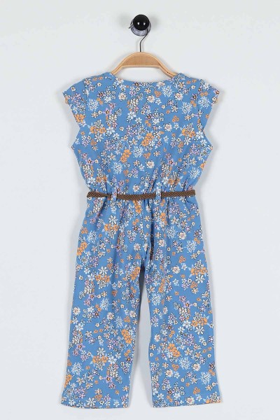 Mavi (1-4 Yaş) Çiçek Baskılı Düğmeli Örgü Kemer Detaylı Kız Çocuk Tulum 183330