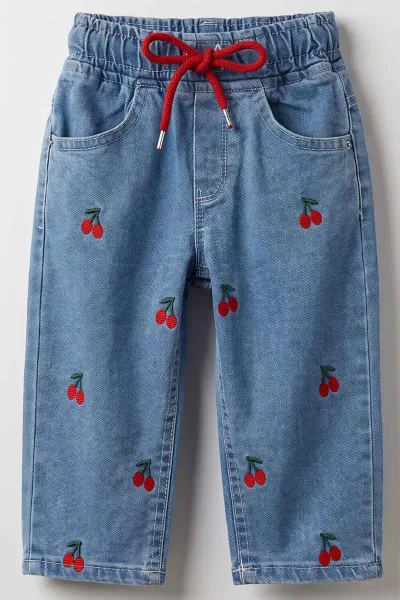 Mavi (1-5 Yaş)Kiraz Nakışlı Beli Lastikli Kız Çocuk&Bebek Kot Pantolon 492877