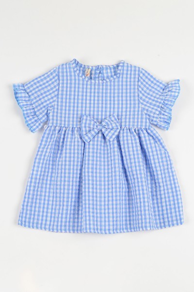 Mavi (1-6 Yaş) Pötikareli Fiyonklu Kız Çocuk Elbise 112716