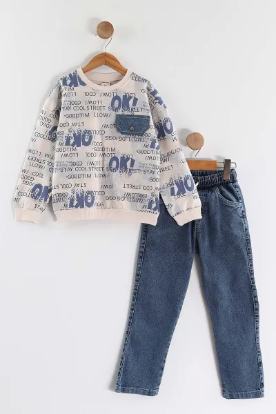 Mavi (1-9 Yaş) Ok   Baskılı Kot Pantolonlu Erkek Çocuk 2'li Takım 438544
