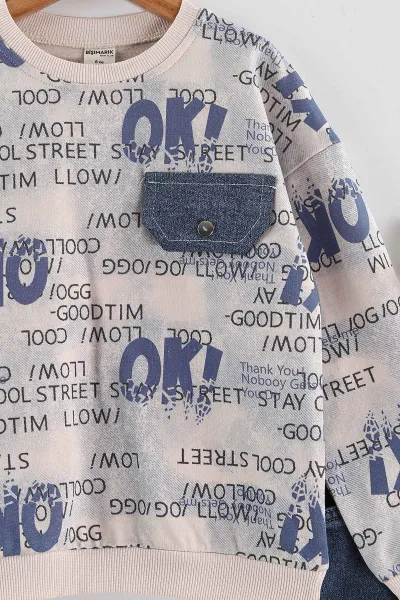 Mavi (1-9 Yaş) Ok   Baskılı Kot Pantolonlu Erkek Çocuk 2'li Takım 438544