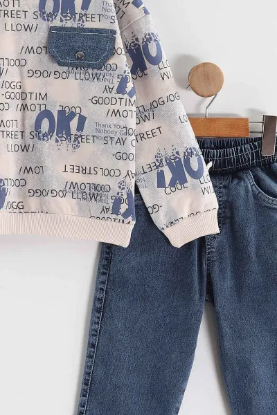 Mavi (1-9 Yaş) Ok   Baskılı Kot Pantolonlu Erkek Çocuk 2'li Takım 438544