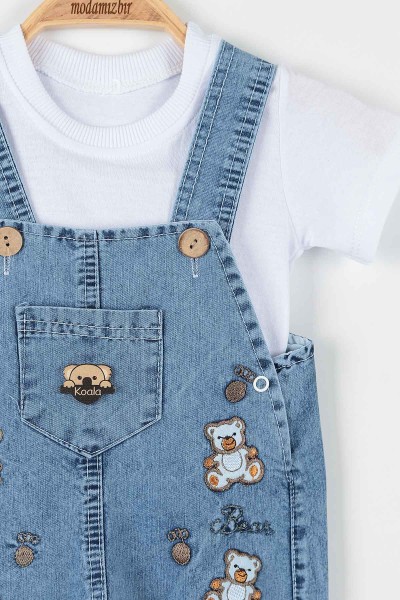 Mavi (12-24 Ay) Ayı Nakışlı Cep Detaylı Paça Lastikli  Erkek Bebe Takım 173390