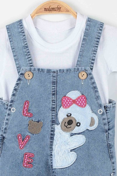 Mavi (12-24 Ay) Love Ayı Nakışlı Düğme Detaylı Paça Lastikli  Erkek Bebe Takım 173391
