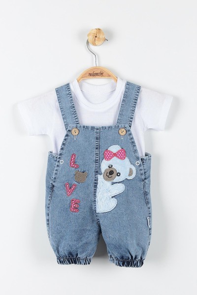 Mavi (12-24 Ay) Love Ayı Nakışlı Düğme Detaylı Paça Lastikli  Erkek Bebe Takım 173391