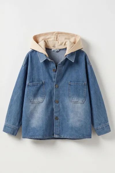 Mavi (2-14 Yaş) Çıkarılabilir Kapüşonlu Çit Cepli Oversize Çocuk Kot Ceket 478432