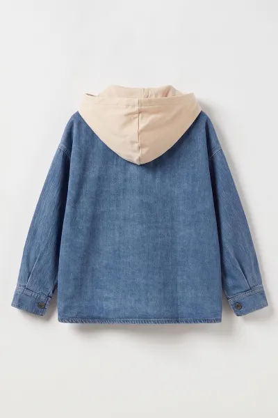 Mavi (2-14 Yaş) Çıkarılabilir Kapüşonlu Çit Cepli Oversize Çocuk Kot Ceket 478432