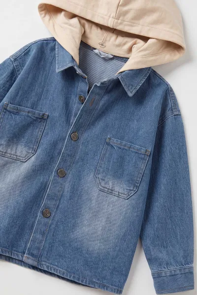 Mavi (2-14 Yaş) Çıkarılabilir Kapüşonlu Çit Cepli Oversize Çocuk Kot Ceket 478432