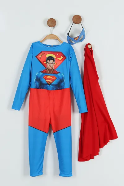 Mavi (2-7 Yaş) Süpermen Baskılı Maske Pelerinli Erkek Çocuk Kostüm 254067
