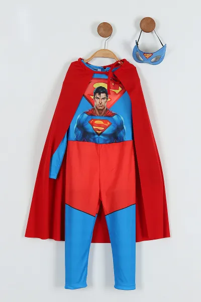 Mavi (2-7 Yaş) Süpermen Baskılı Maske Pelerinli Erkek Çocuk Kostüm 254067