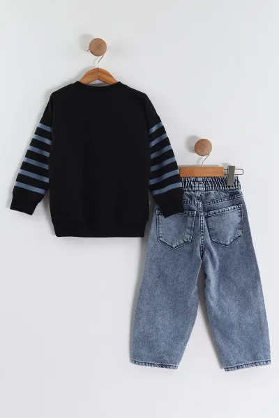Mavi (3-10 Yaş)   Çizgi Baskılı Sweatli Kot Pantolonlu Erkek Çocuk 2'li Takım 437395
